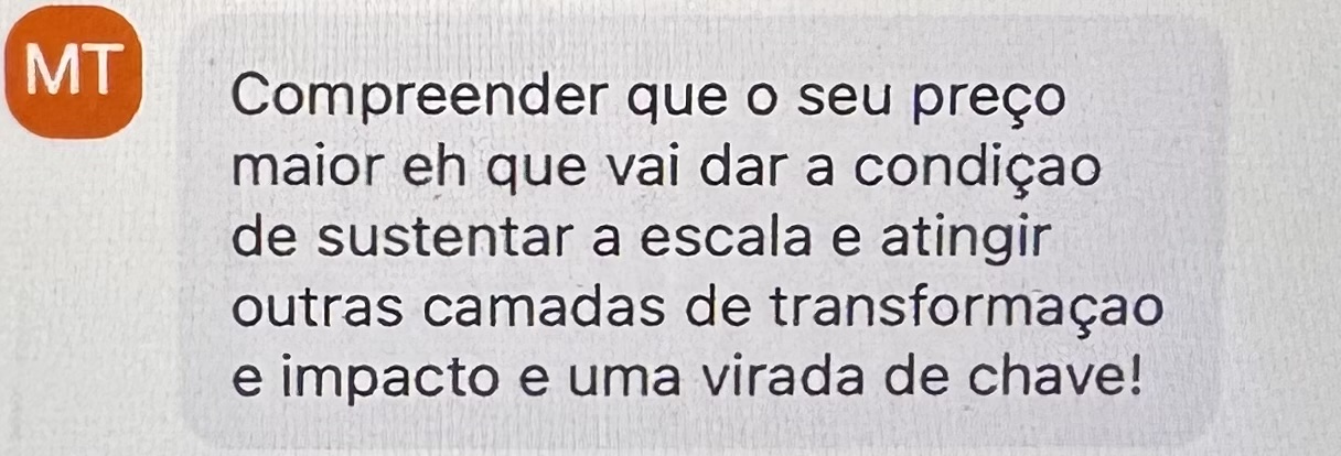Print de depoimento sobre entender o valor do preço mais alto